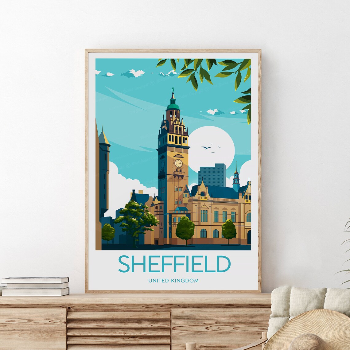 Sheffield United Kingdom Town Hall Clock Tower in Sun Poster