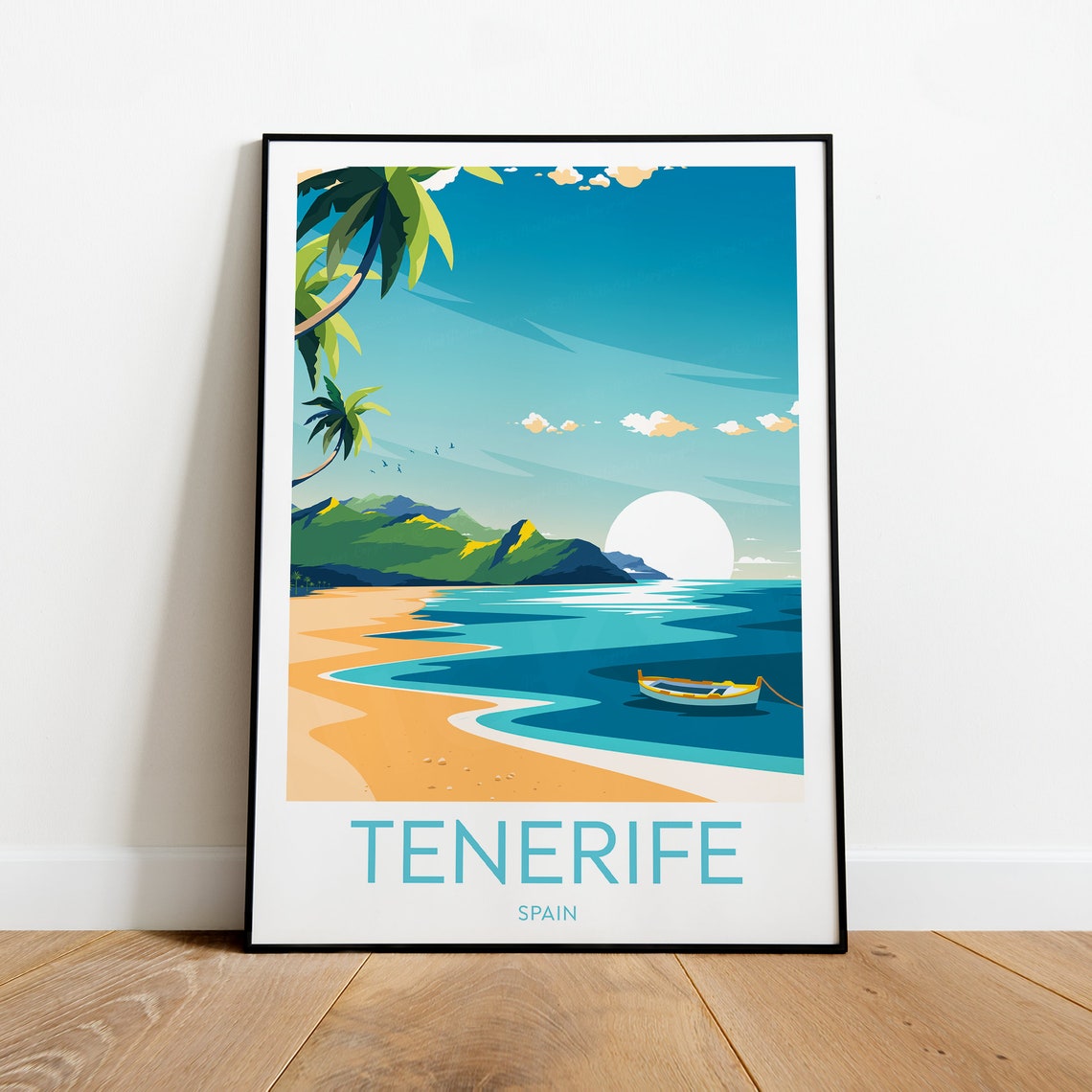 Tenerife Spain Golden Sunset Beach Lone Sailboat Travel Poster - Image 2