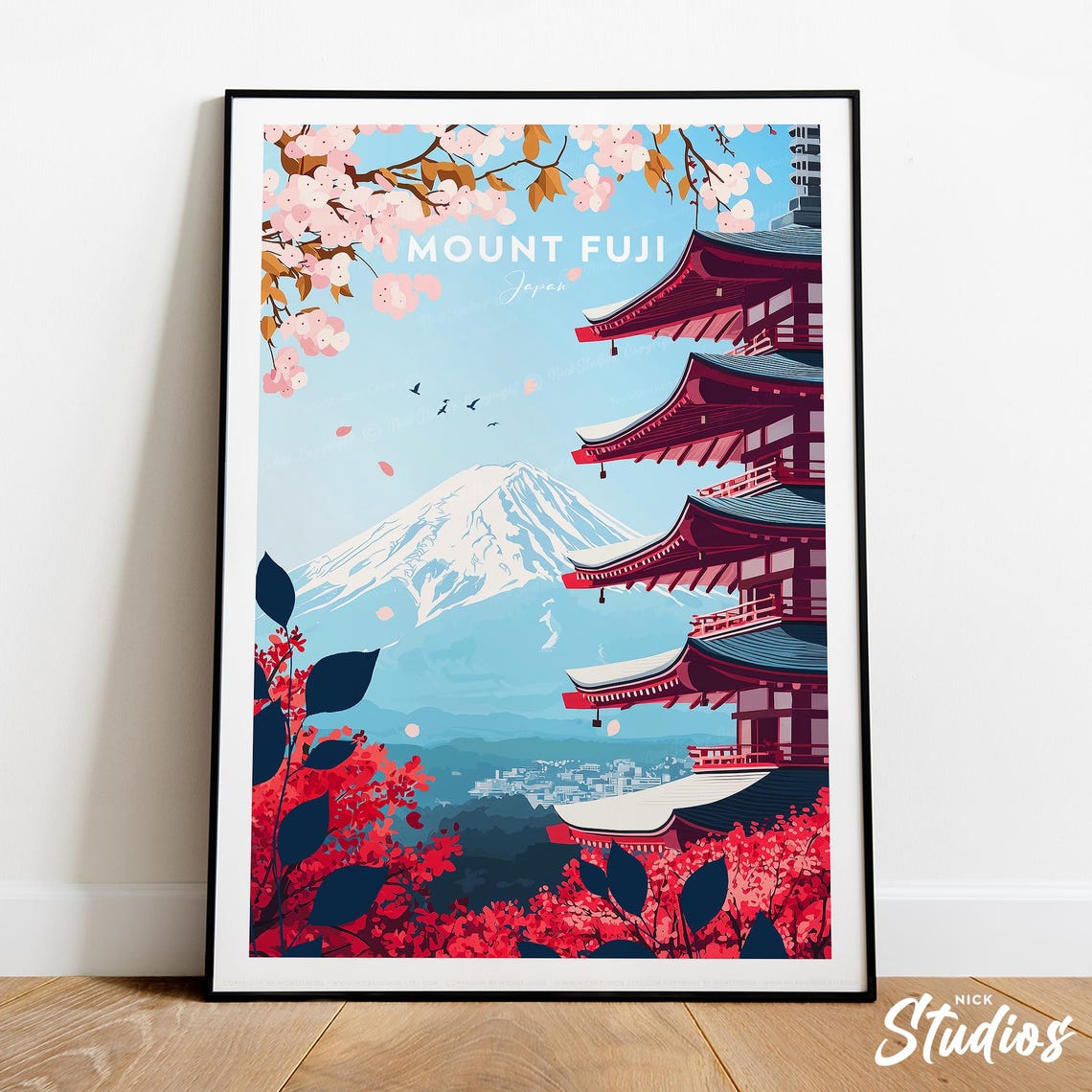Mount Fuji Pagoda Cherry Blossom Spring Retro Japan Travel Poster
