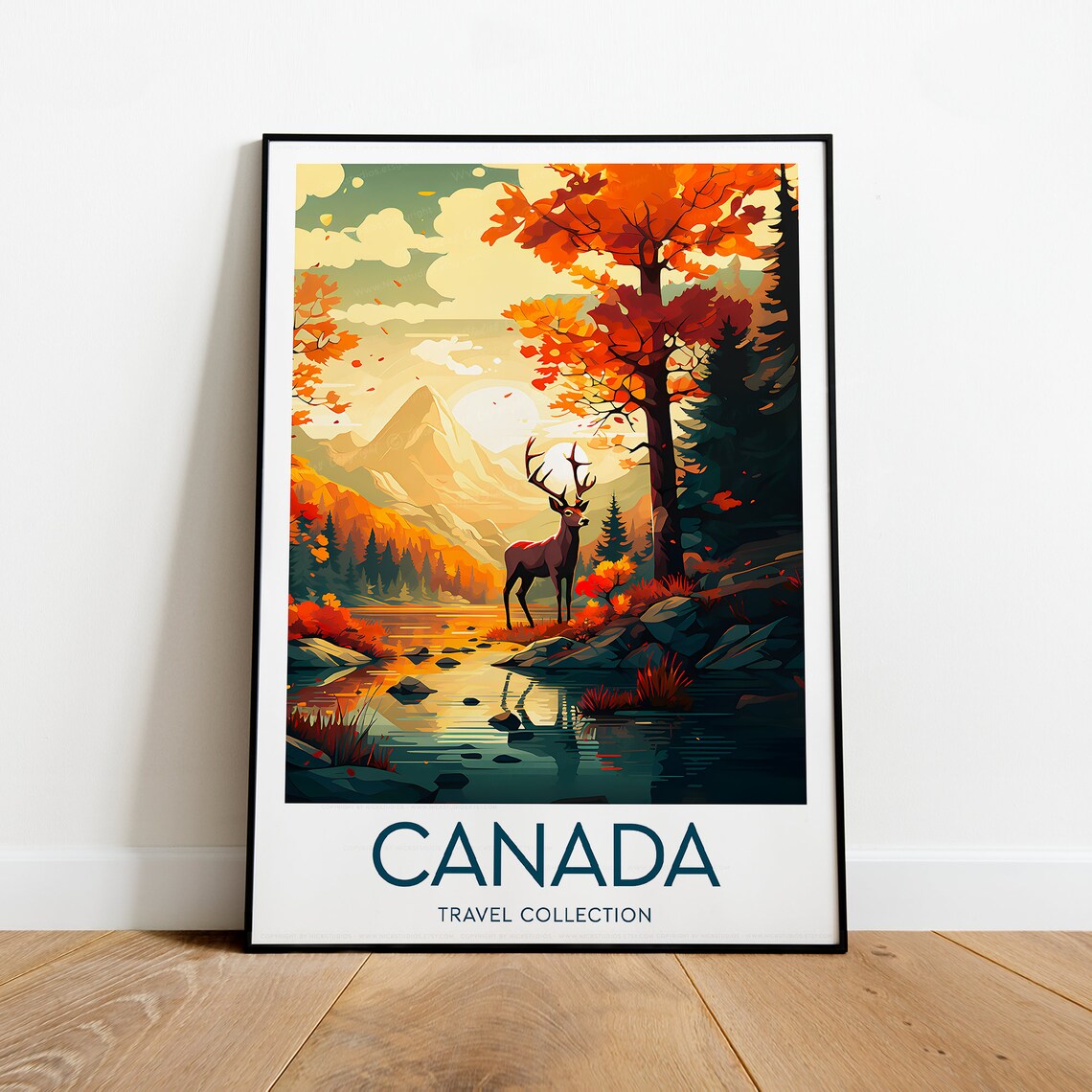 Canada Autumn Elk by Mountain Lake Wilderness Wildlife Travel Poster