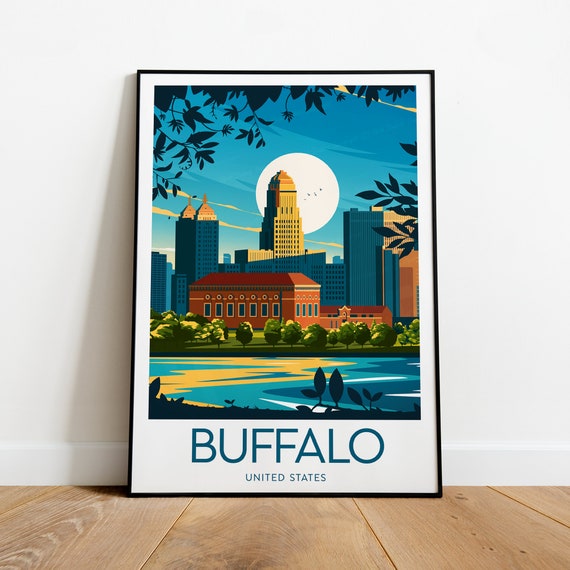 Buffalo New York Skyline Moonlit Waterfront Night Travel Poster