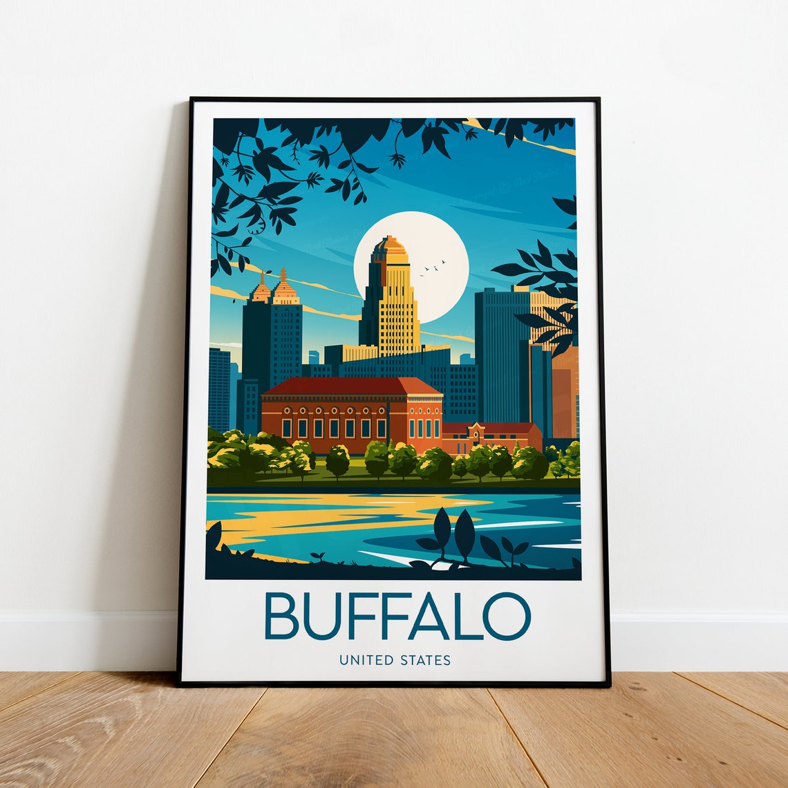 Buffalo New York Skyline Moonlit Waterfront Night Travel Poster