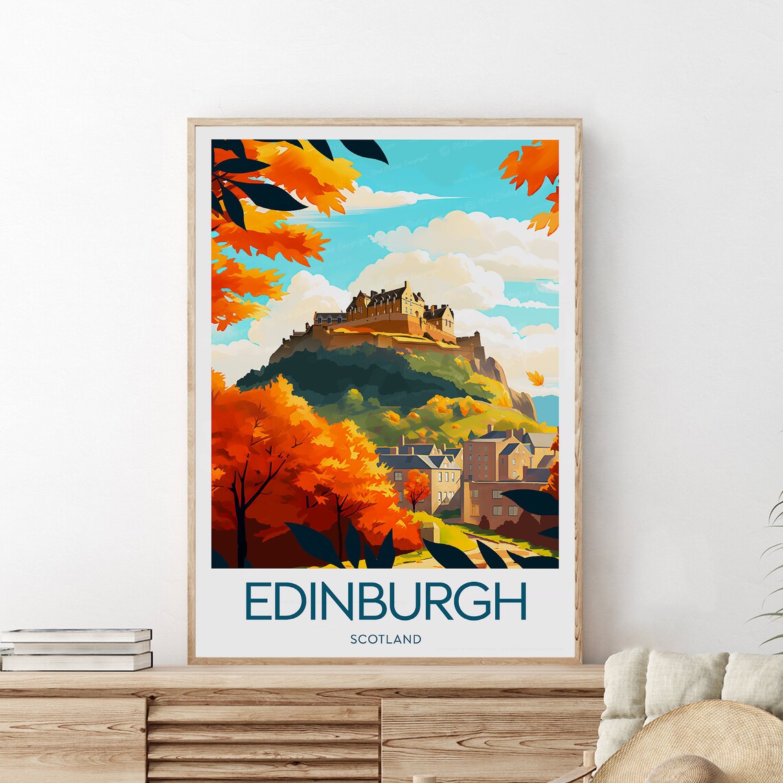 Edinburgh Castle Autumn Foliage Orange Trees Scotland Travel Poster
