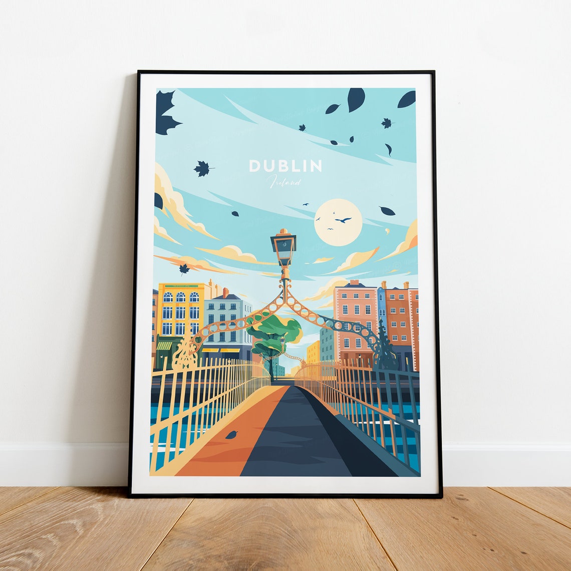 Dublin Ireland Ha Penny Bridge Cityscape Autumn Travel Poster