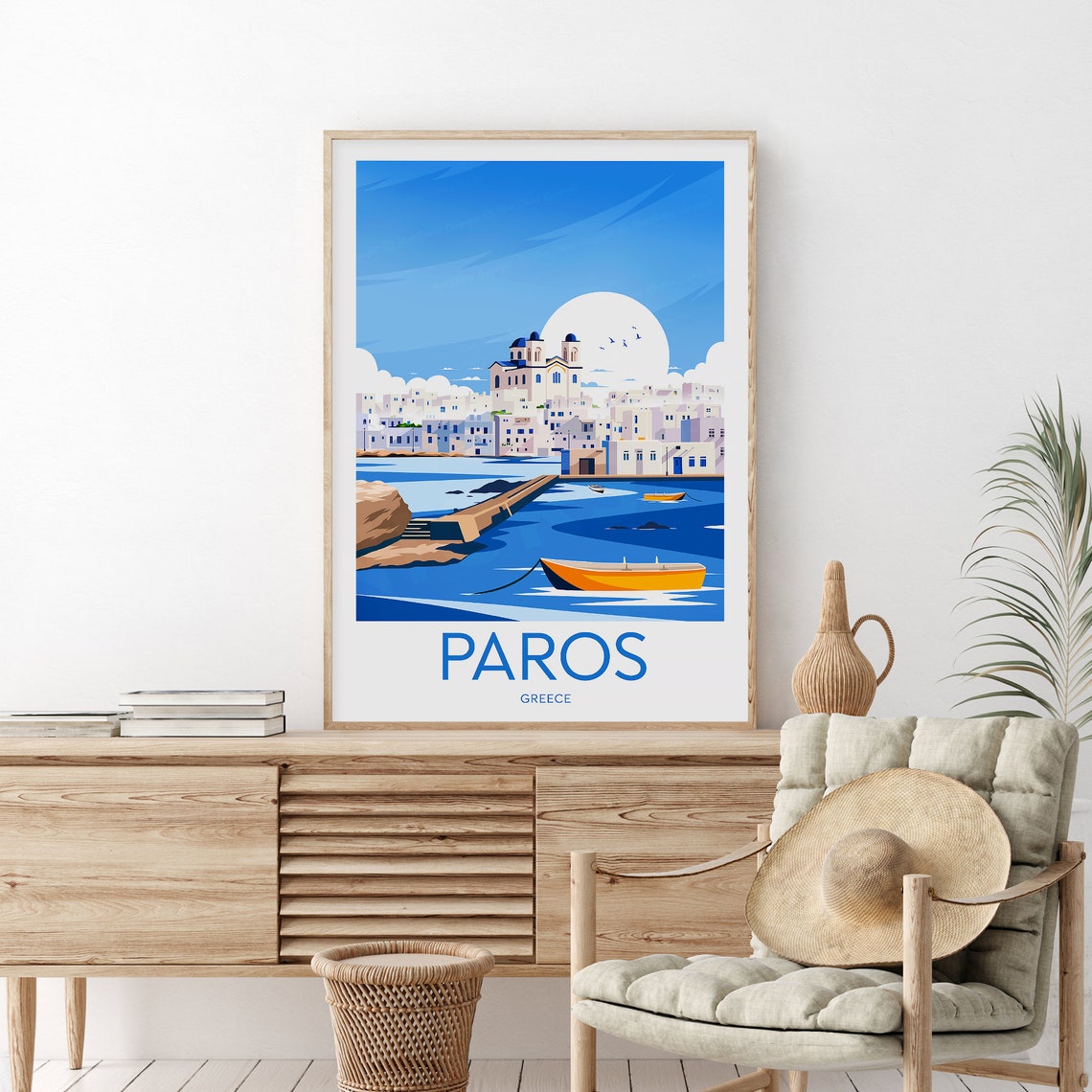 Paros Greece Whitewashed Harbor Town Boats Vintage Travel Poster