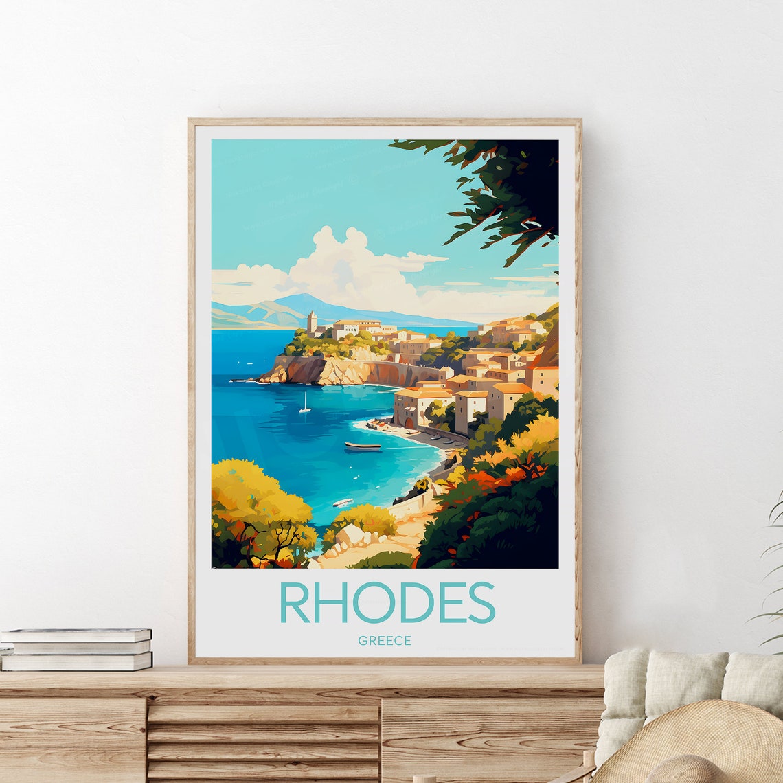 Rhodes Greece Island Coastal Old Town Turquoise Bay Scene Poster - Image 2