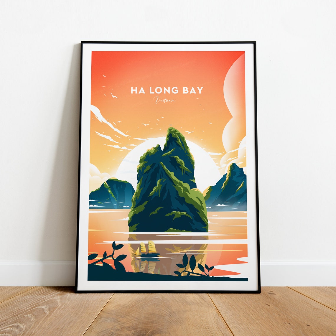 Ha Long Bay Vietnam Sunset Limestone Karsts Junk Boat Travel Poster