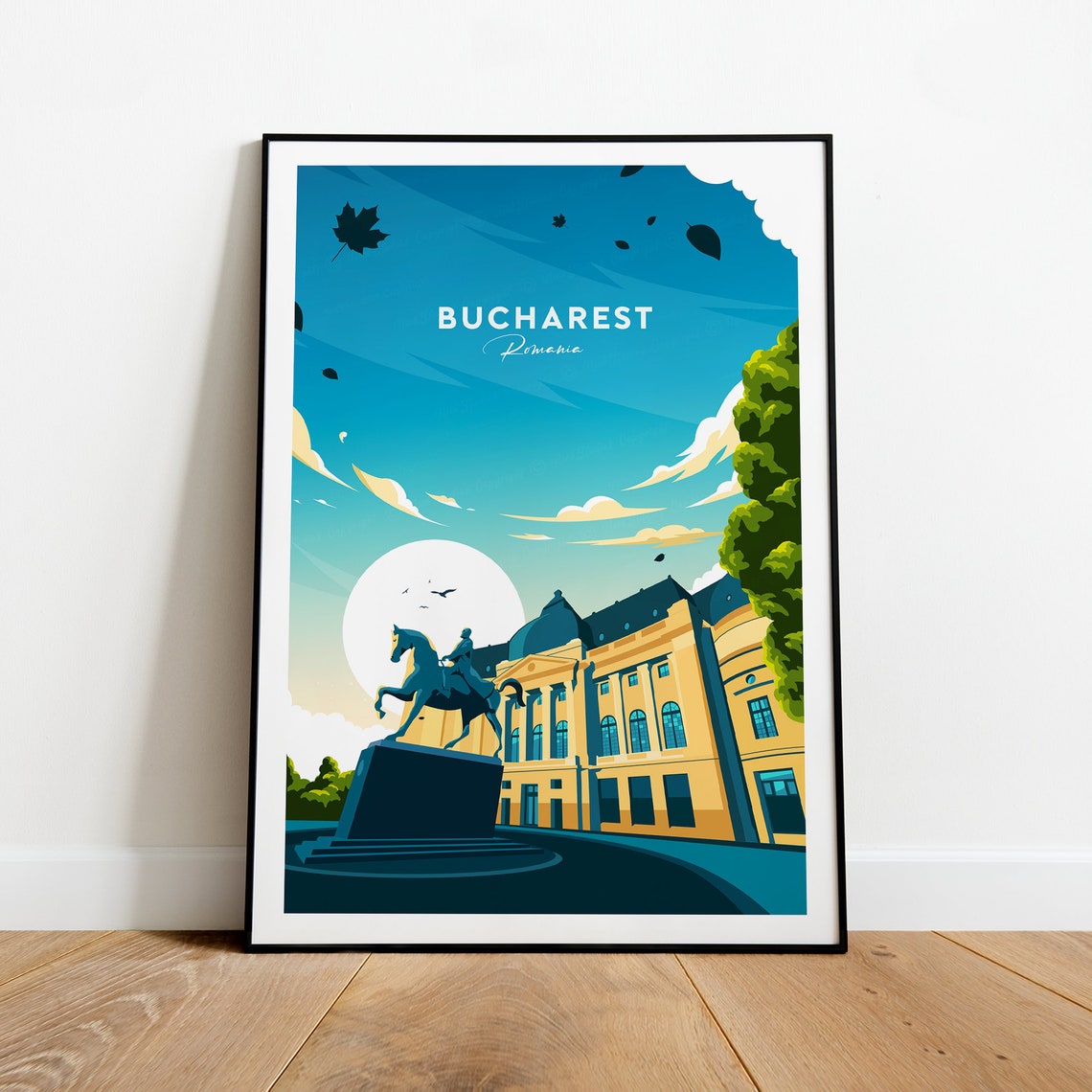 Bucharest Romania Equestrian Statue at Dusk Vintage Travel Poster - Image 2