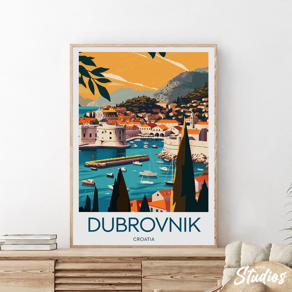 Dubrovnik Croatia Modern Travel Poster Old Town Harbor Sunset