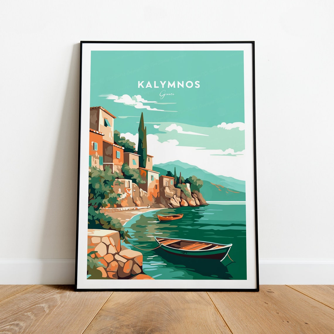 Kalymnos Harbor Village with Rowboats on a Greek Island Poster - Image 2
