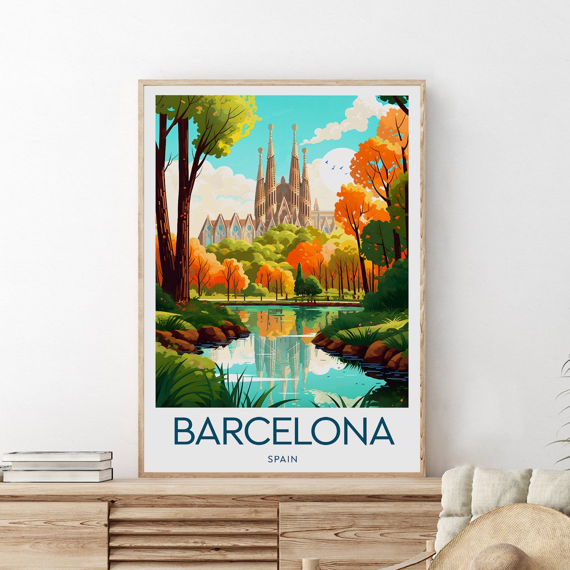 Barcelona Spain Sagrada Familia Lake Reflection Travel Poster - Image 2
