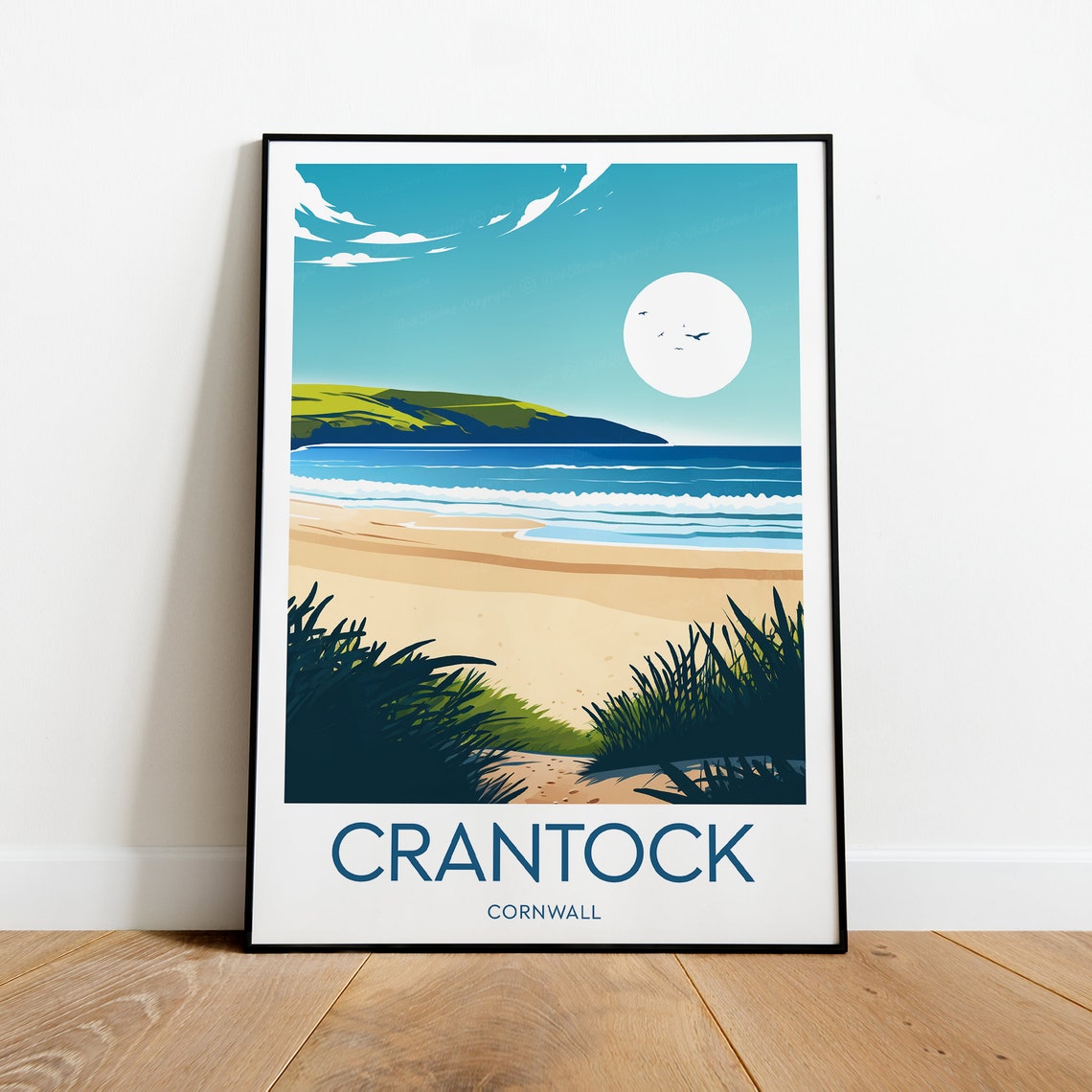 Serene Crantock Cornwall Beach Headland Moonlit Surf Scene Poster