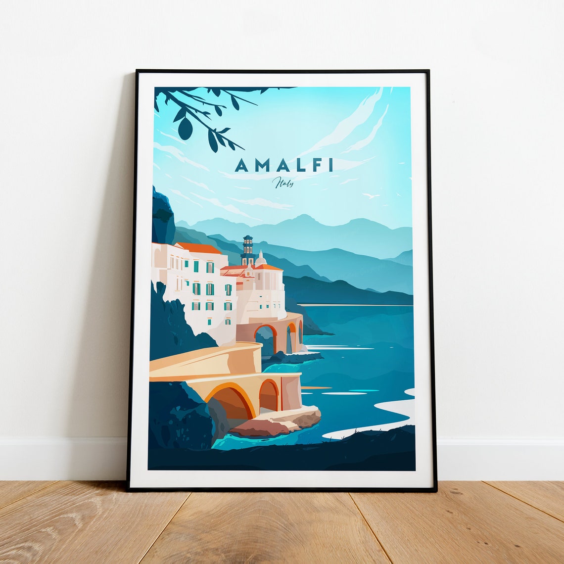 Amalfi Italy Coast Cathedral Cliffs Blue Sea Traditional Travel Poster
