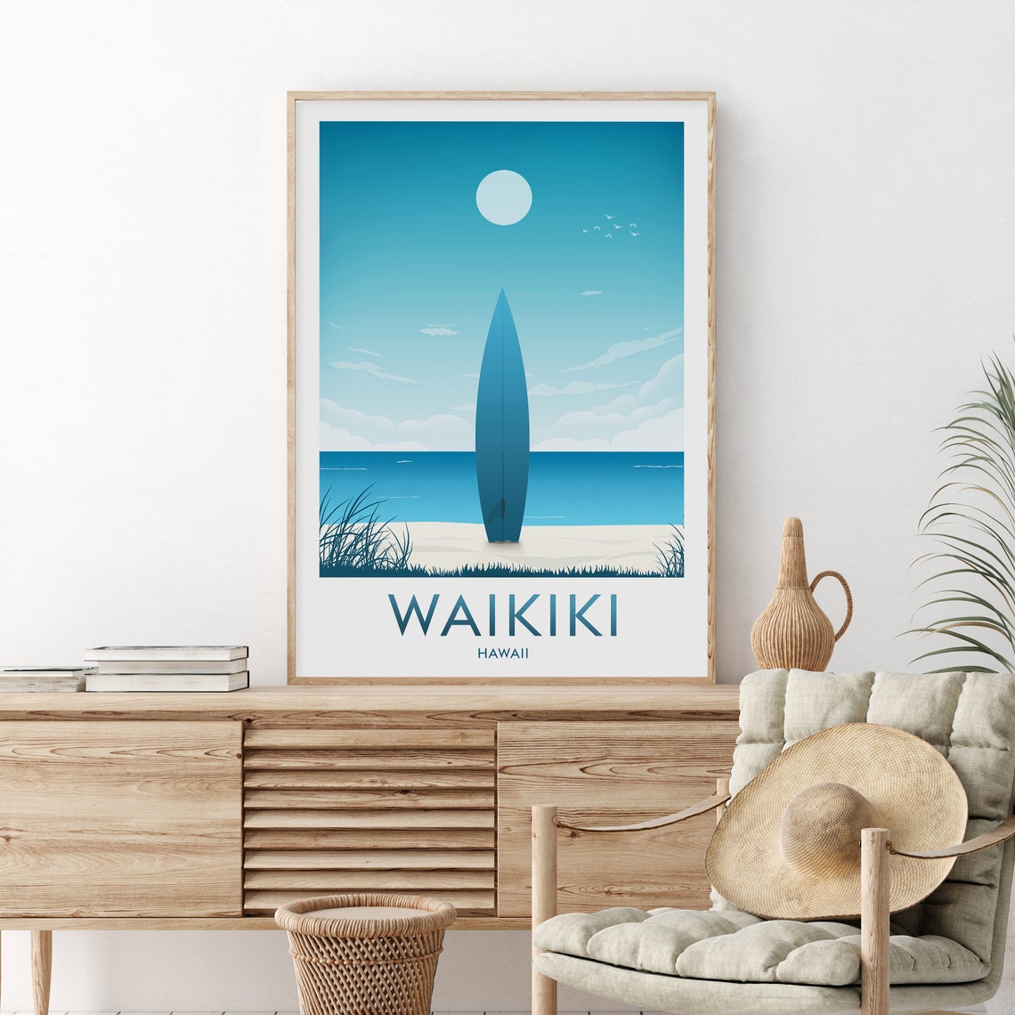 Waikiki Hawaii Minimal Surfboard On Sandy Beach Travel Poster