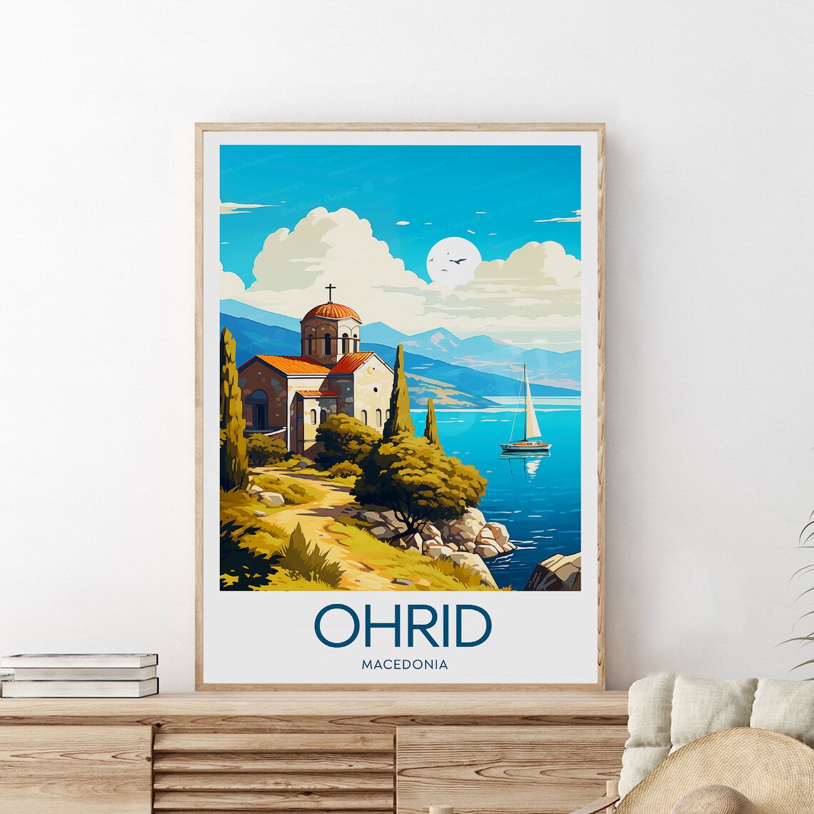 Ohrid Macedonia Lakeside Church Sailboat Sunset Travel Poster