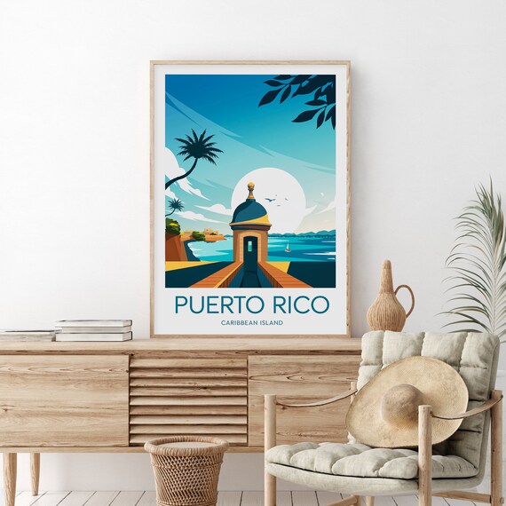 Puerto Rico Caribbean Island Moonlit Tower Palm Coastal Scene Travel Poster