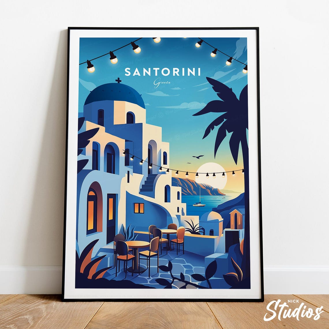 Santorini Greece Traditional Travel Poster Blue Dome Caldera View