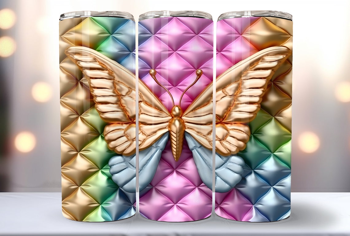 Gold 3D Puffy Butterfly Pastel Quilted Tumbler Wrap Design Poster