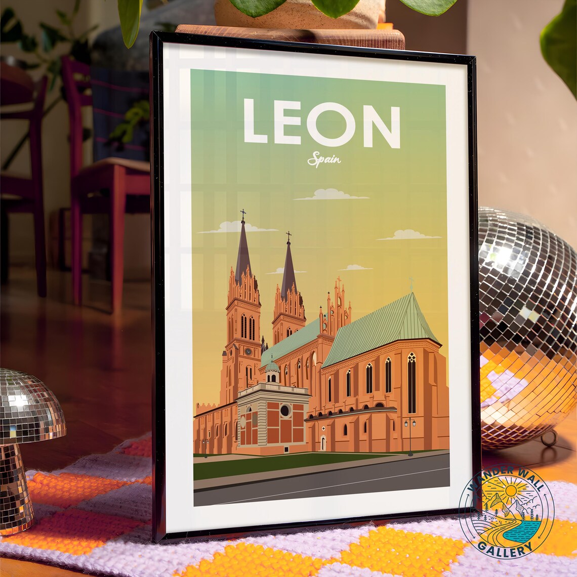 Leon Spain Cathedral Twin Spires Golden Sunrise Travel Poster - Image 4