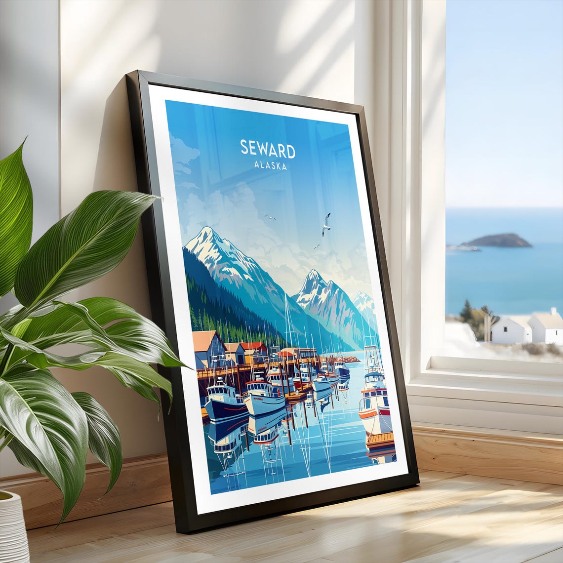 Seward Alaska Fishing Harbor Boats Snowy Peaks Waterfront Poster - Image 2
