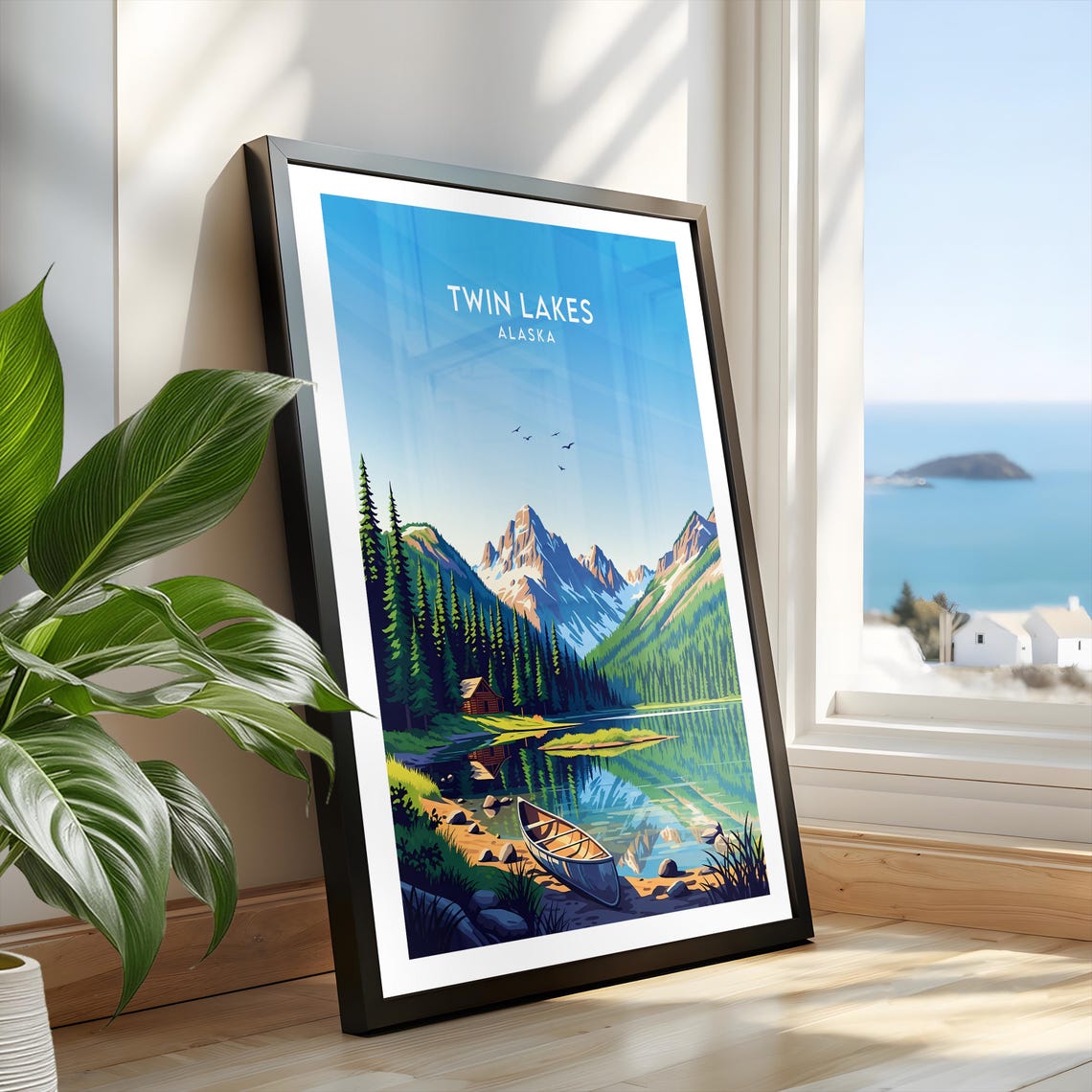 Twin Lakes Alaska Log Cabin Canoe Mountain Lake Wilderness Poster - Image 2