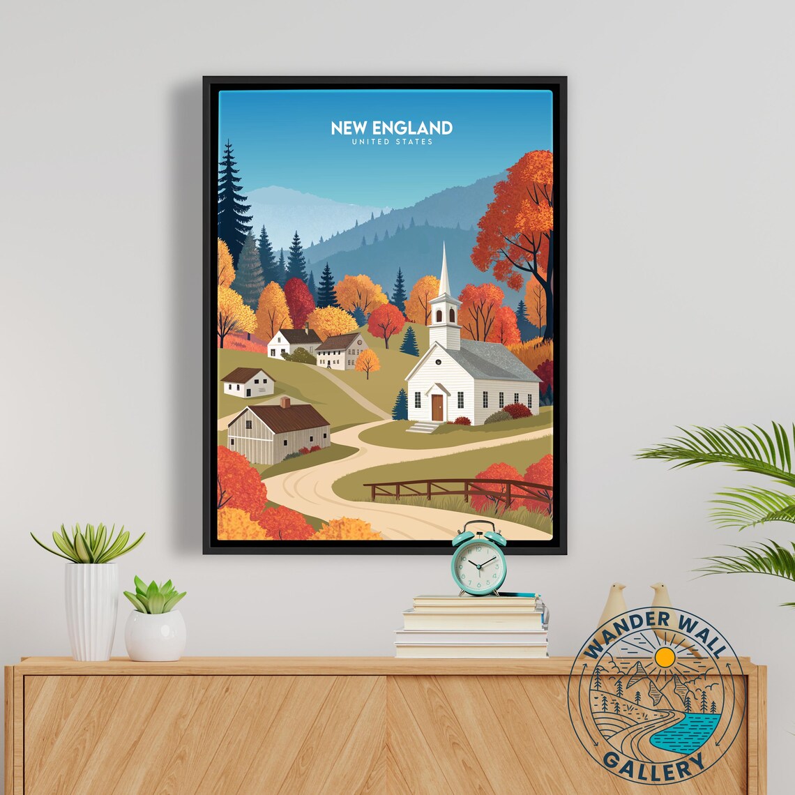 New England United States White Church Autumn Village Poster - Image 5