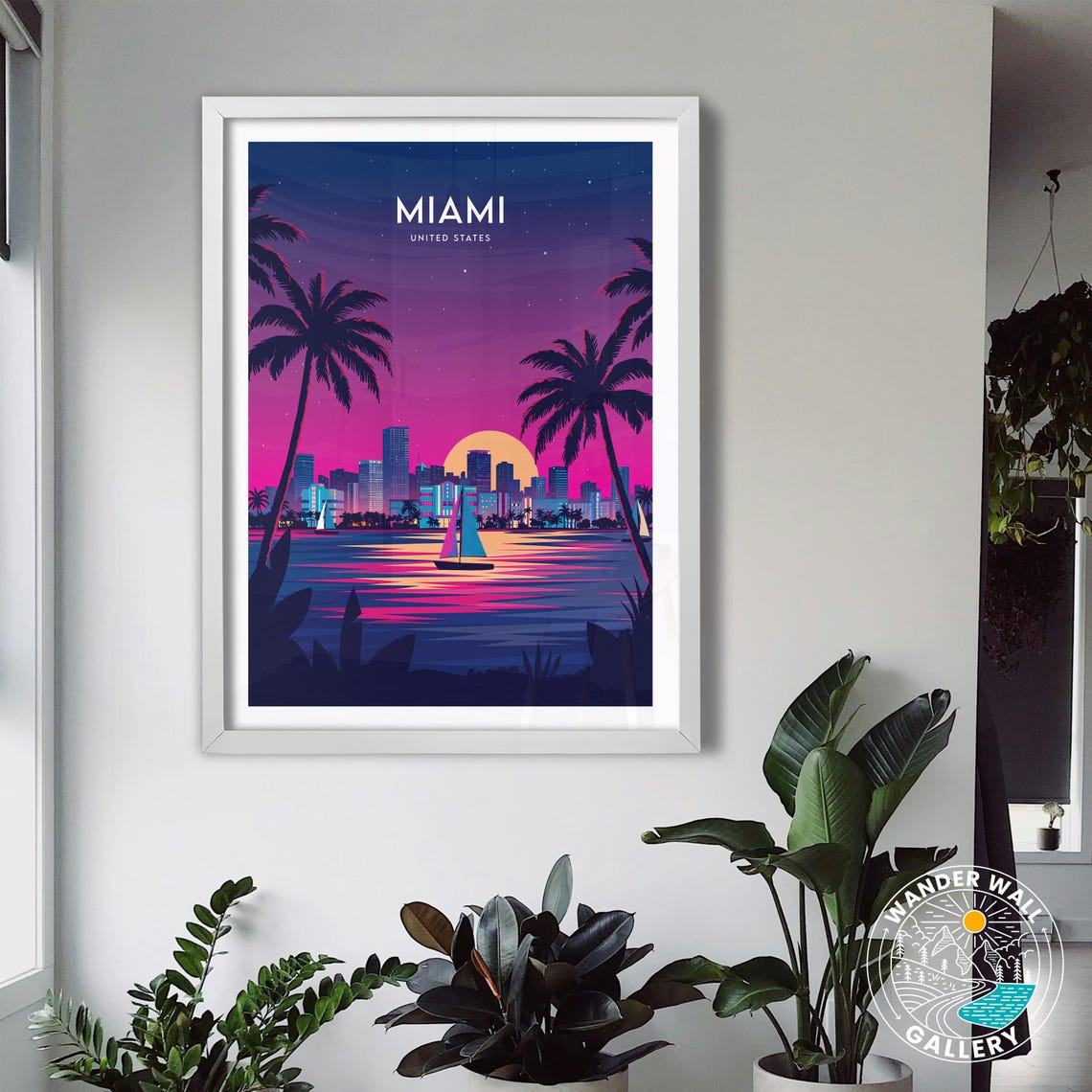 Miami Florida Neon Night Skyline Palm Trees Sailboats Travel Poster - Image 3