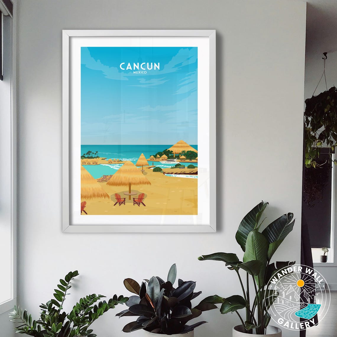 Cancun Mexico Palapas Beach Resort Caribbean Sea Vintage Travel Poster - Image 3
