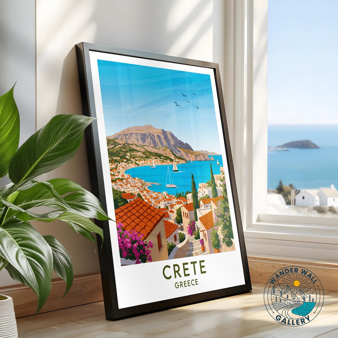 Crete Greece Coastal Town Sailboats Bougainvillea Harbor Travel Poster - Image 2