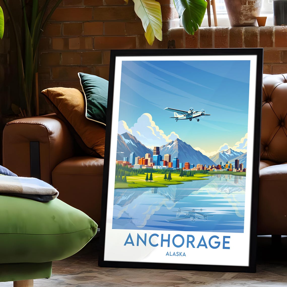 Anchorage Alaska Mountain Skyline Seaplane Retro Travel Poster - Image 6