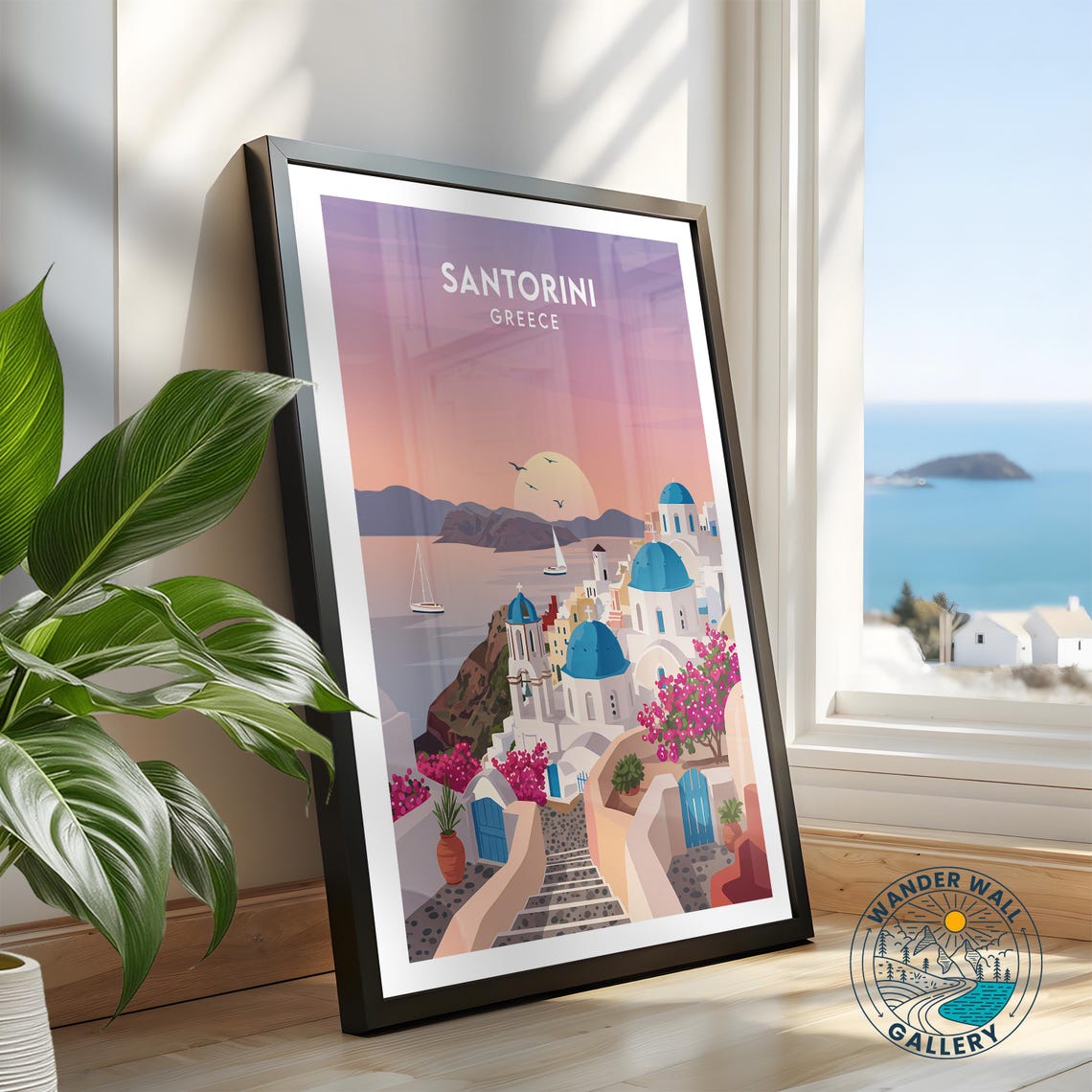 Santorini Greece Blue Domes Bougainvillea Sunset View Poster - Image 2