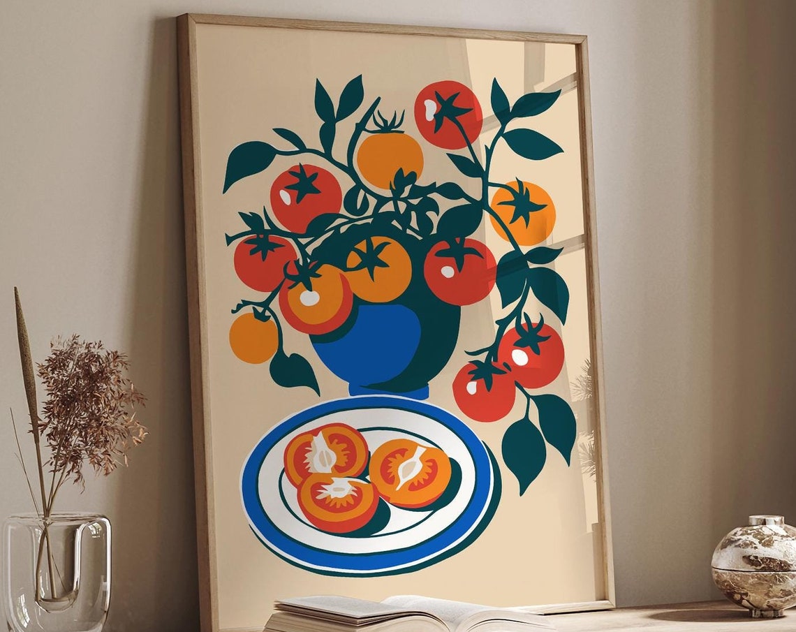 Fresh Tomato Plant Blue Vase Sliced Tomatoes Kitchen Decor Poster - Image 6