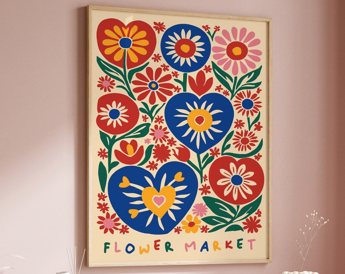 Colorful Flower Market Folk Floral Hearts Whimsical Art Poster