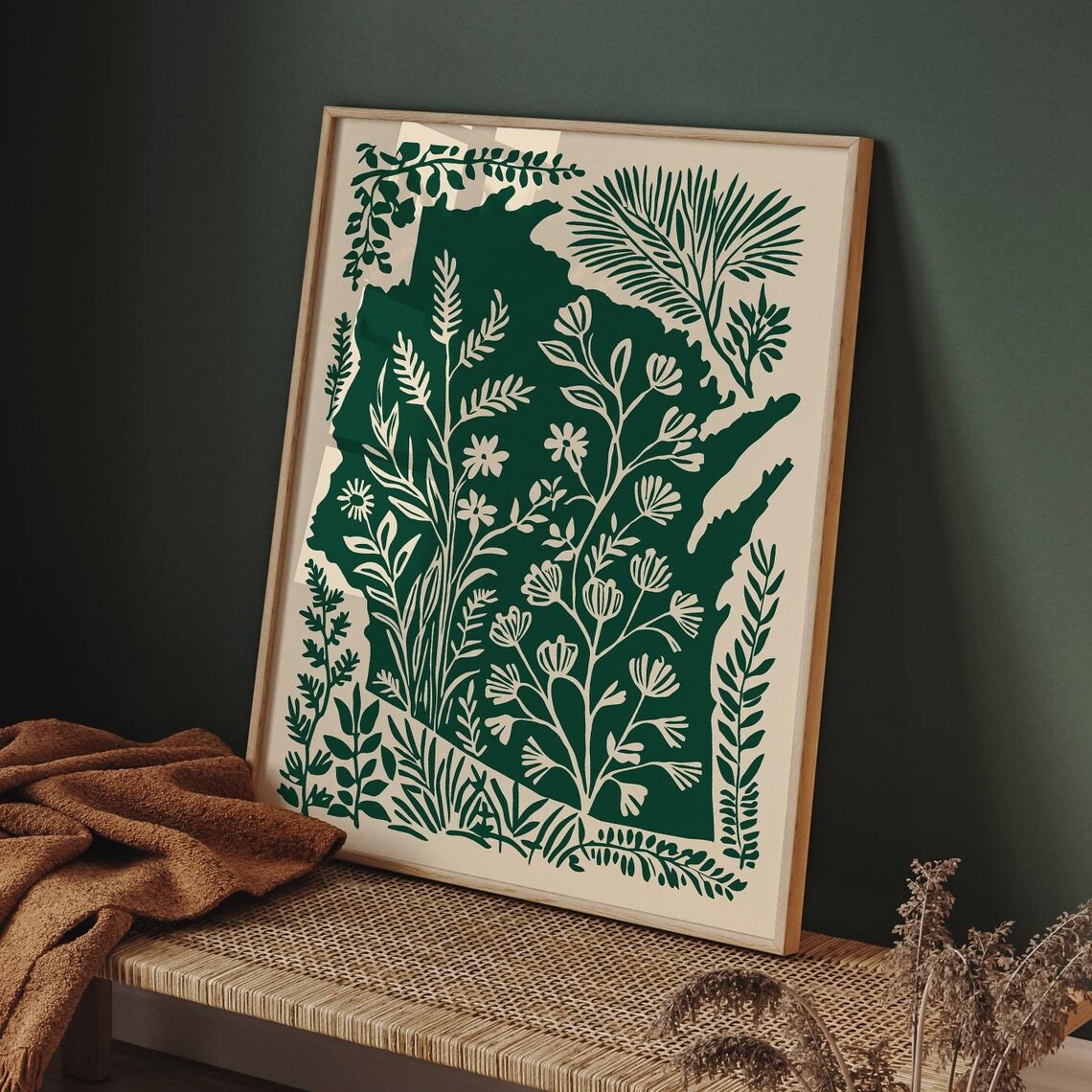 Wisconsin State Map Botanical Wildflowers Green Nature Art Print