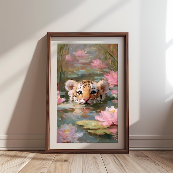 Monet-Inspired Water Lily Baby Tiger Art Print