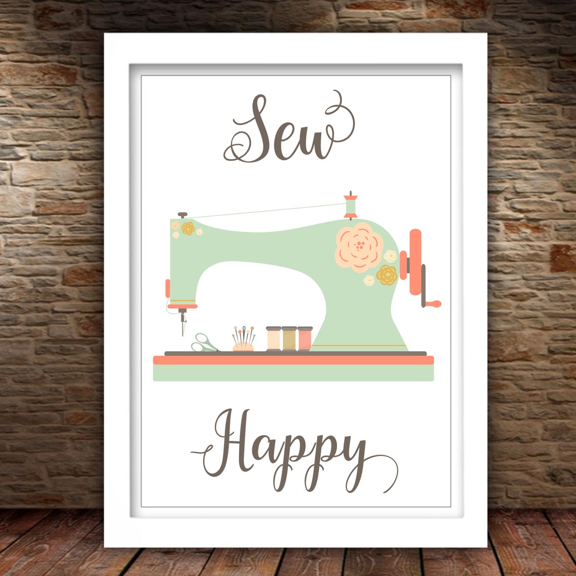 Sew Happy Mint Green Floral Sewing Machine Craft Room Poster - Image 2