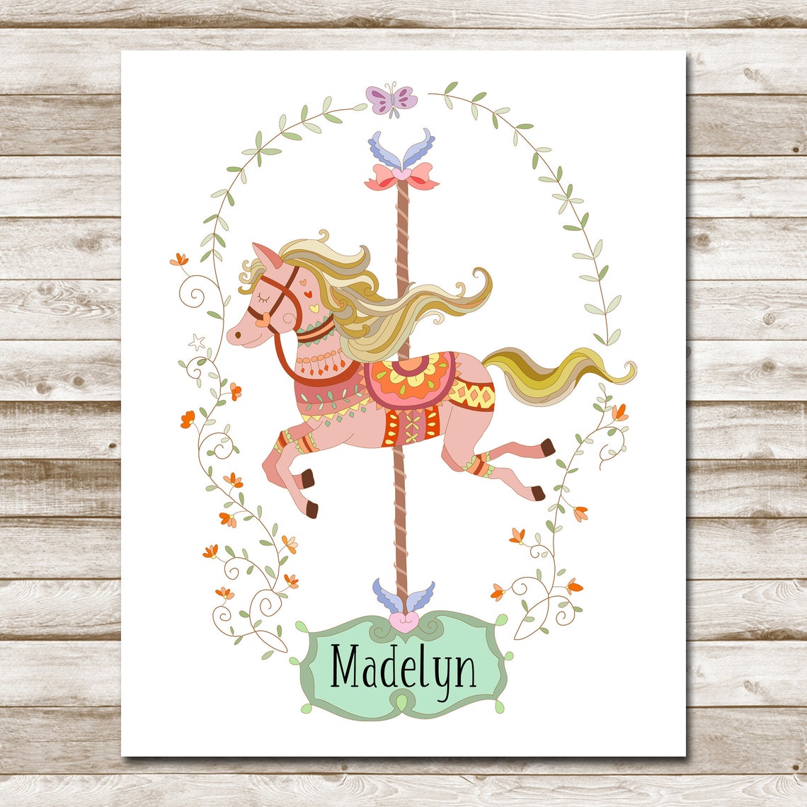 Personalized Carousel Horse Nursery Watercolor Name Sign Wall Art - Image 4