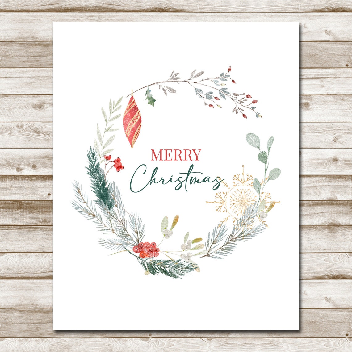 Merry Christmas Botanical Wreath With Ornament and Snowflake Wall Art - Image 4