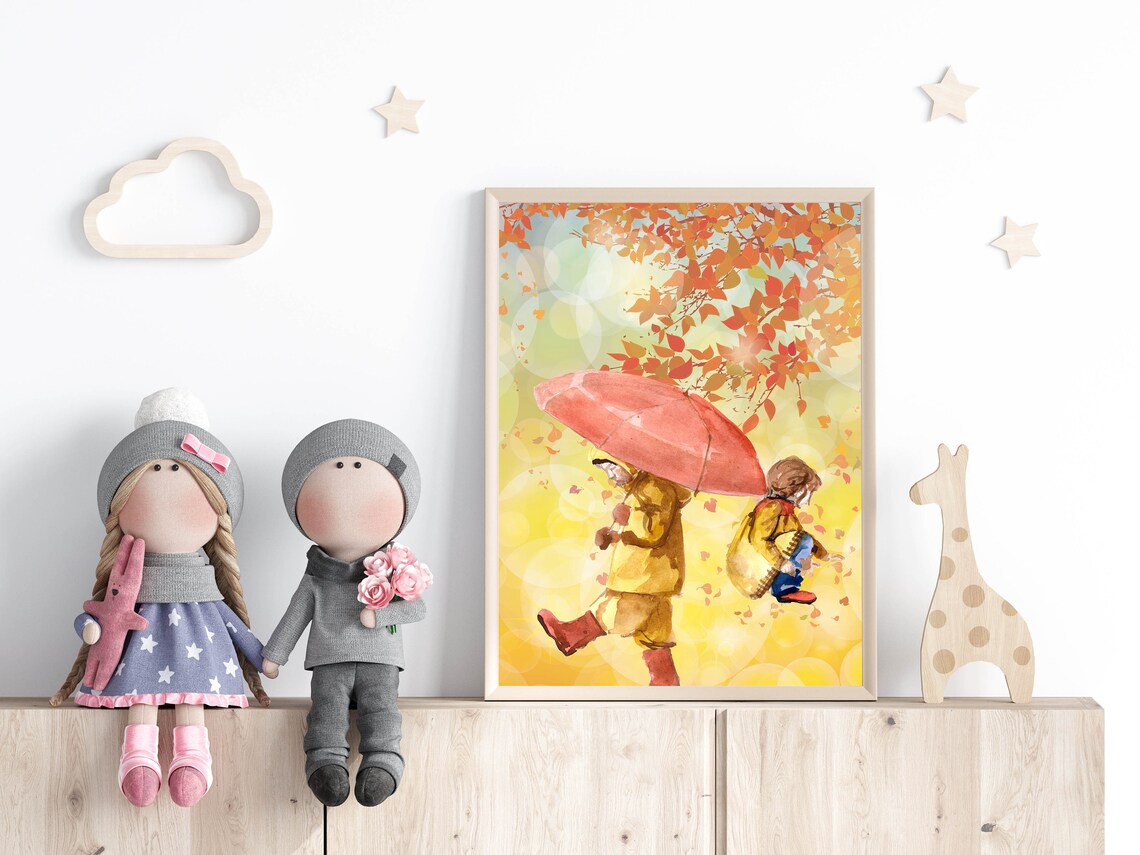 Children with Red Umbrella Autumn Rain Watercolor Kids Wall Art - Image 3