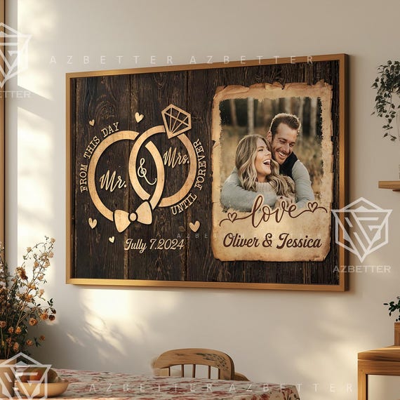 Personalized Mr Mrs Wedding Custom Couple Photo Name Wall Art Romantic Gift For Anniversary Newlyweds Wall Art