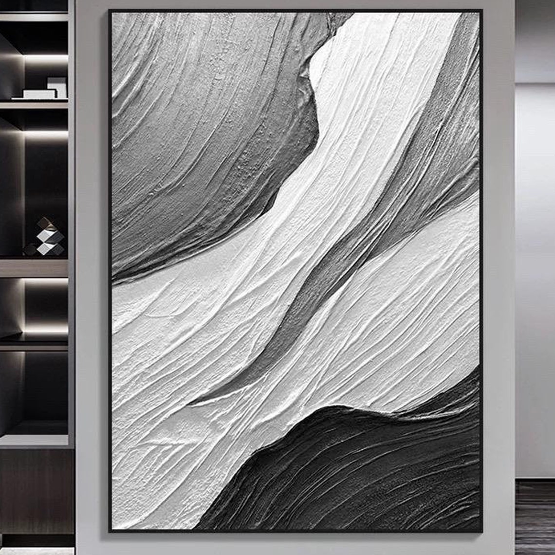 Gray Black White Diagonal Flowing Strokes Textured Art Poster