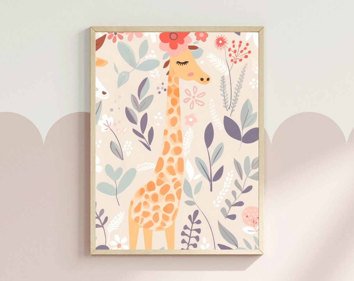 Boho Style Giraffe With Flower Crown Pastel Nursery Art Poster