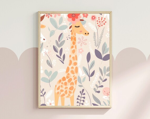 Boho Style Giraffe With Flower Crown Pastel Nursery Art Poster