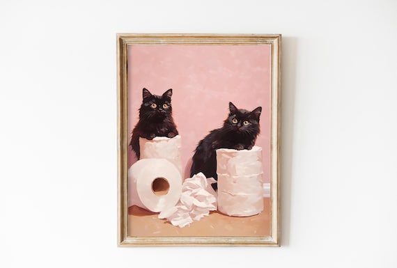 Two Black Cats With Toilet Paper Rolls Funny Pink Bathroom Poster
