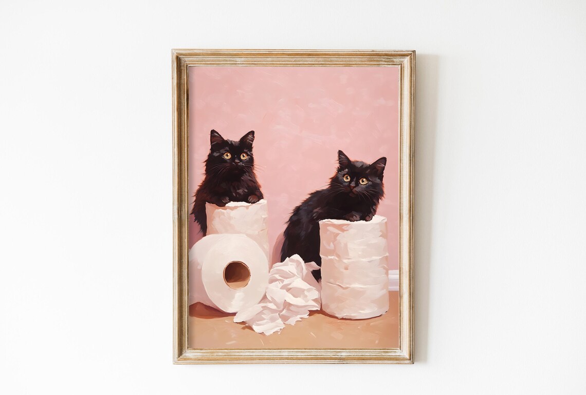 Two Black Cats With Toilet Paper Rolls Funny Pink Bathroom Poster
