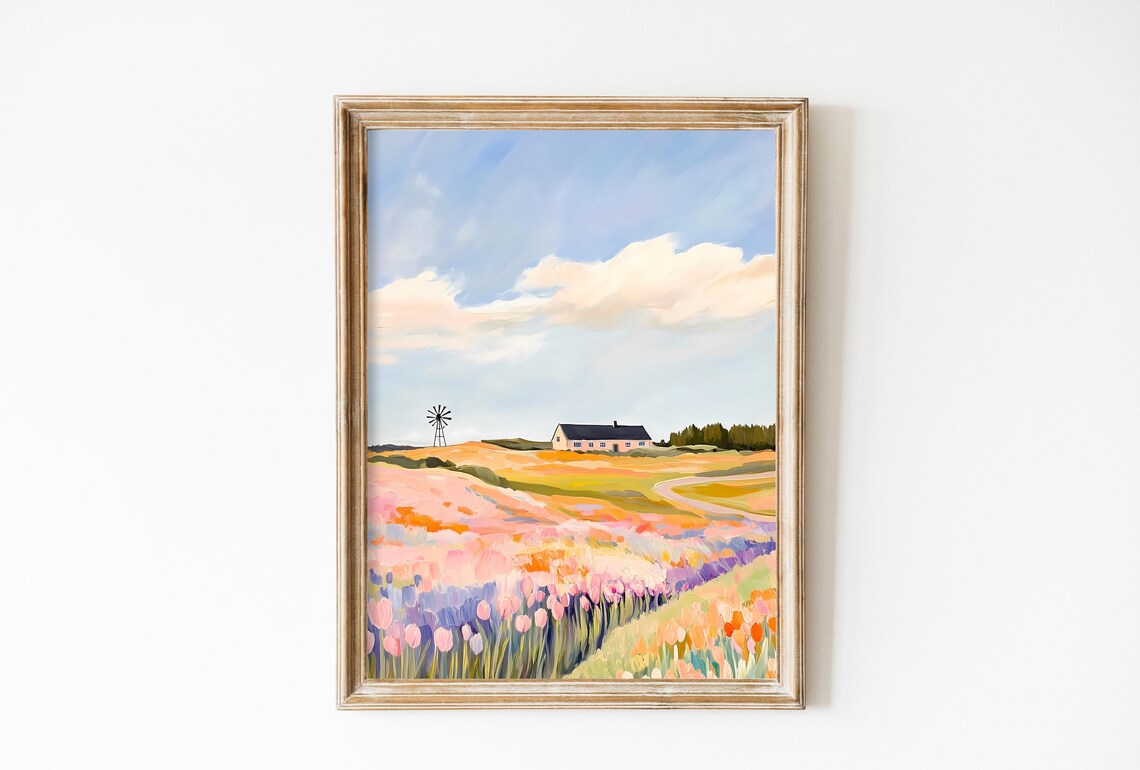 Vintage Mill With Pink Tulips, Netherlands Art Print