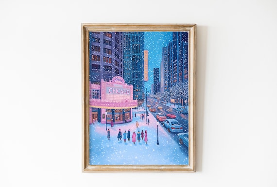 Pink Snowy Night at the Chicago Theatre Marquee Street Poster