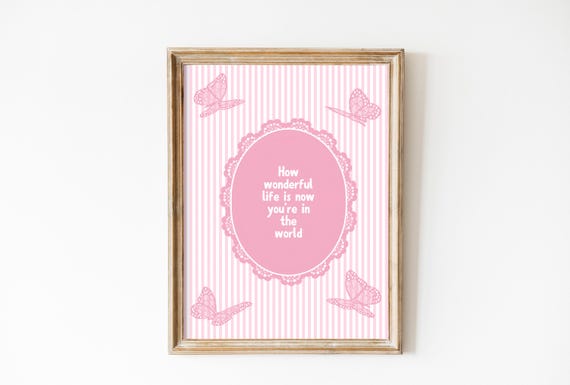 How Wonderful Life Is Nursery Print Soft Pink Nursery Quote Print Retro New Born Wall Art Pink Preppy Lace Butterfly Poster