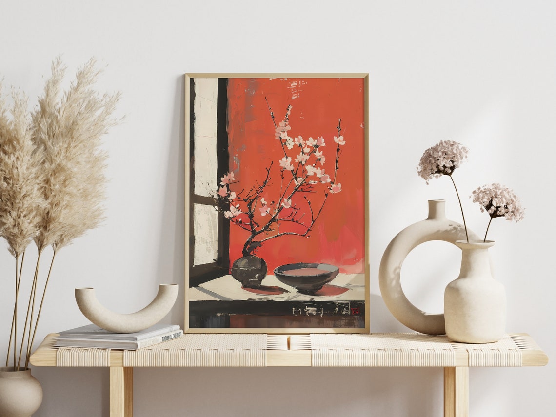 Cherry Blossom Branches Bold Red Chinoiserie Floral Art Poster - Image 3
