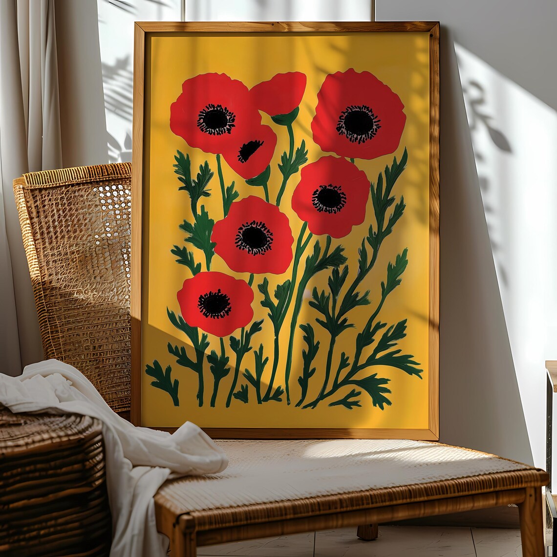 Bold Red Poppies Yellow Background Graphic Floral Art Poster - Image 2